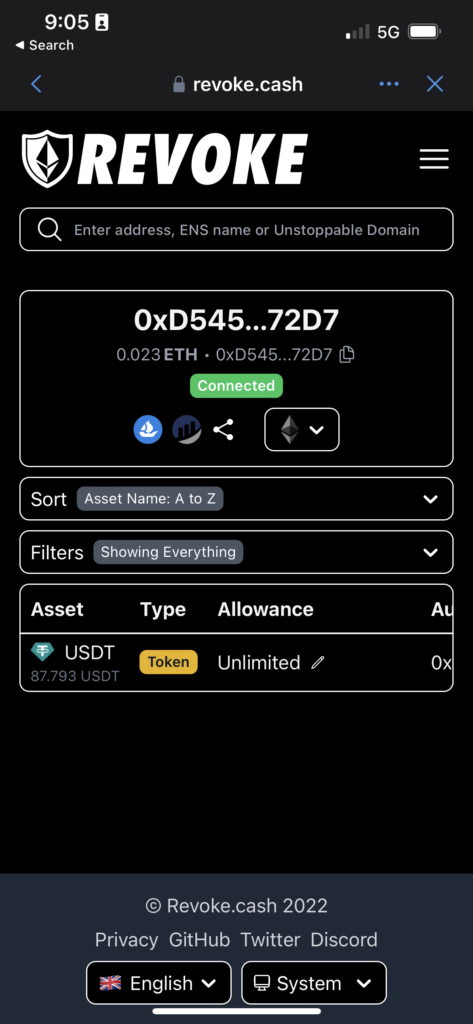 Screenshot of revoke.cash showing an unlimited permission for a wallet