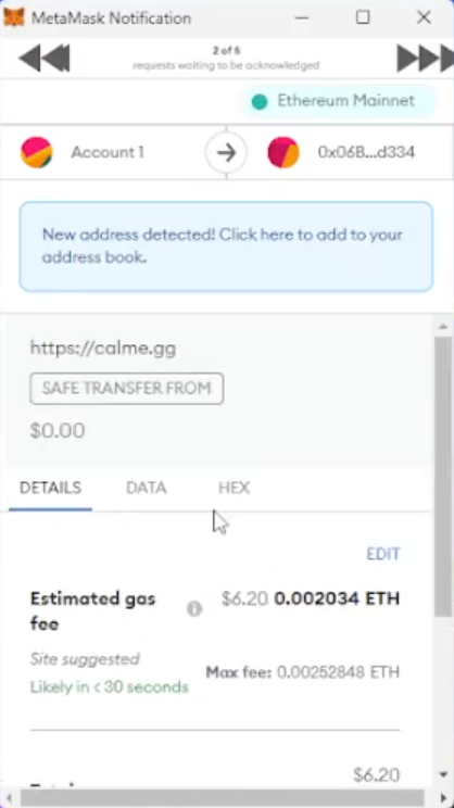 metamask notification showing gas fee for a smart contract