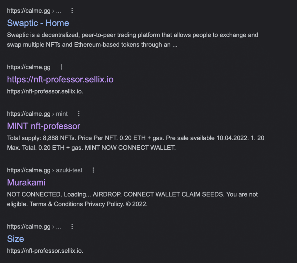 calme gg search results: swaptic, nft professor