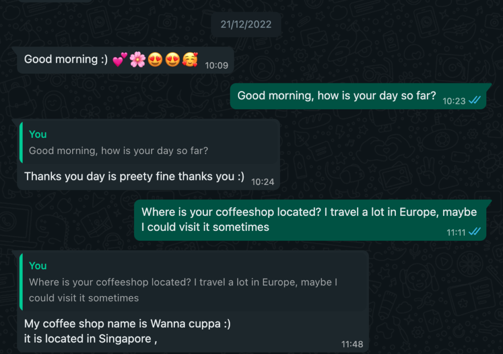 WhatsApp chat screenshot: scammer claims to to own a coffee shop in Singapore