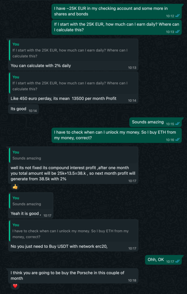 Screenshot of a WhatsApp chat with a crypto scammer, where I claim to be ready to invest 25K EUR and the scammer says that I will be able to buy a Porche in a couple of months
