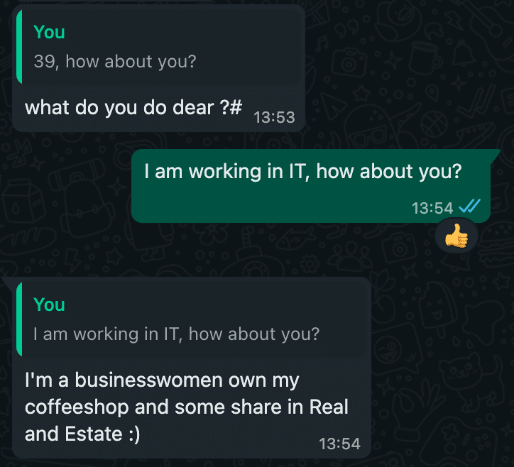 WhatsApp chat screenshot with the scammer claiming to be a businesswoman