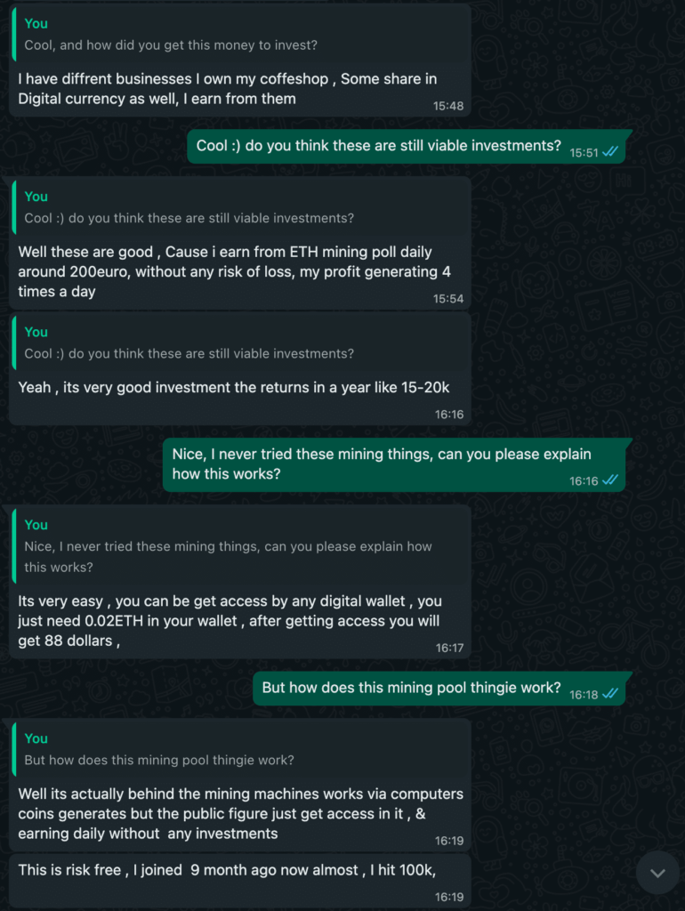WhatsApp chat screenshot: scammer claims to earn money from an ETH mining pool