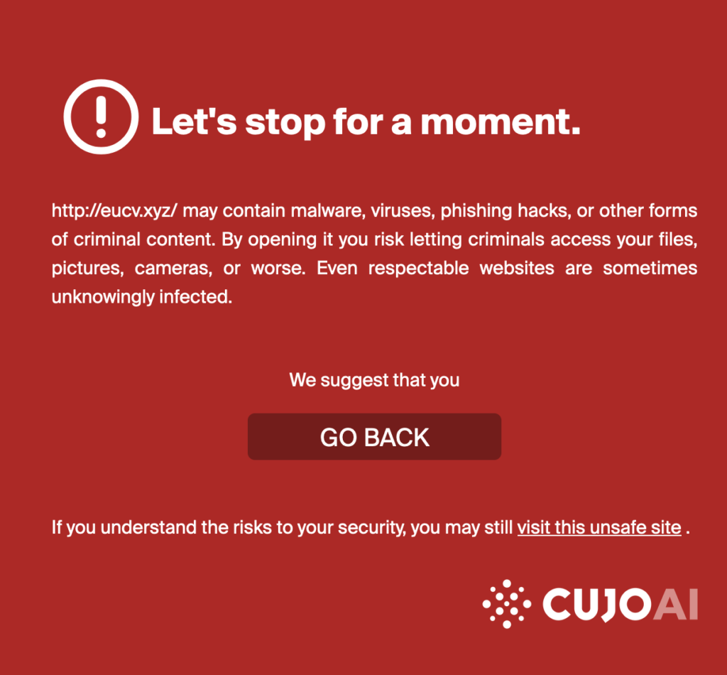 Screenshot of a page that informs the user that CUJO AI Sentry has just blocked a malicious website