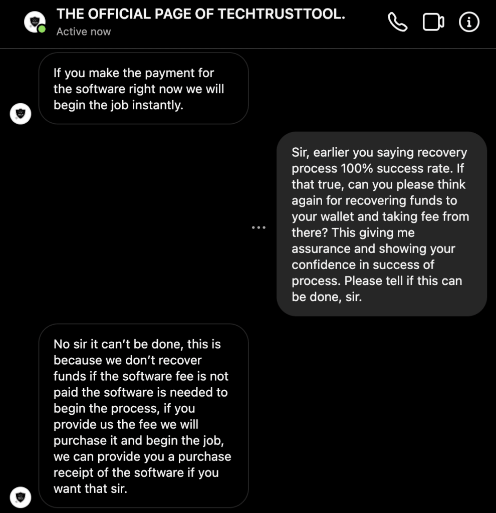instagram direct message screenshot where a crypto recovery scammer techtrusttool tries to run a recovery scam but their victim uses chatgpt to respond in broken Indian English