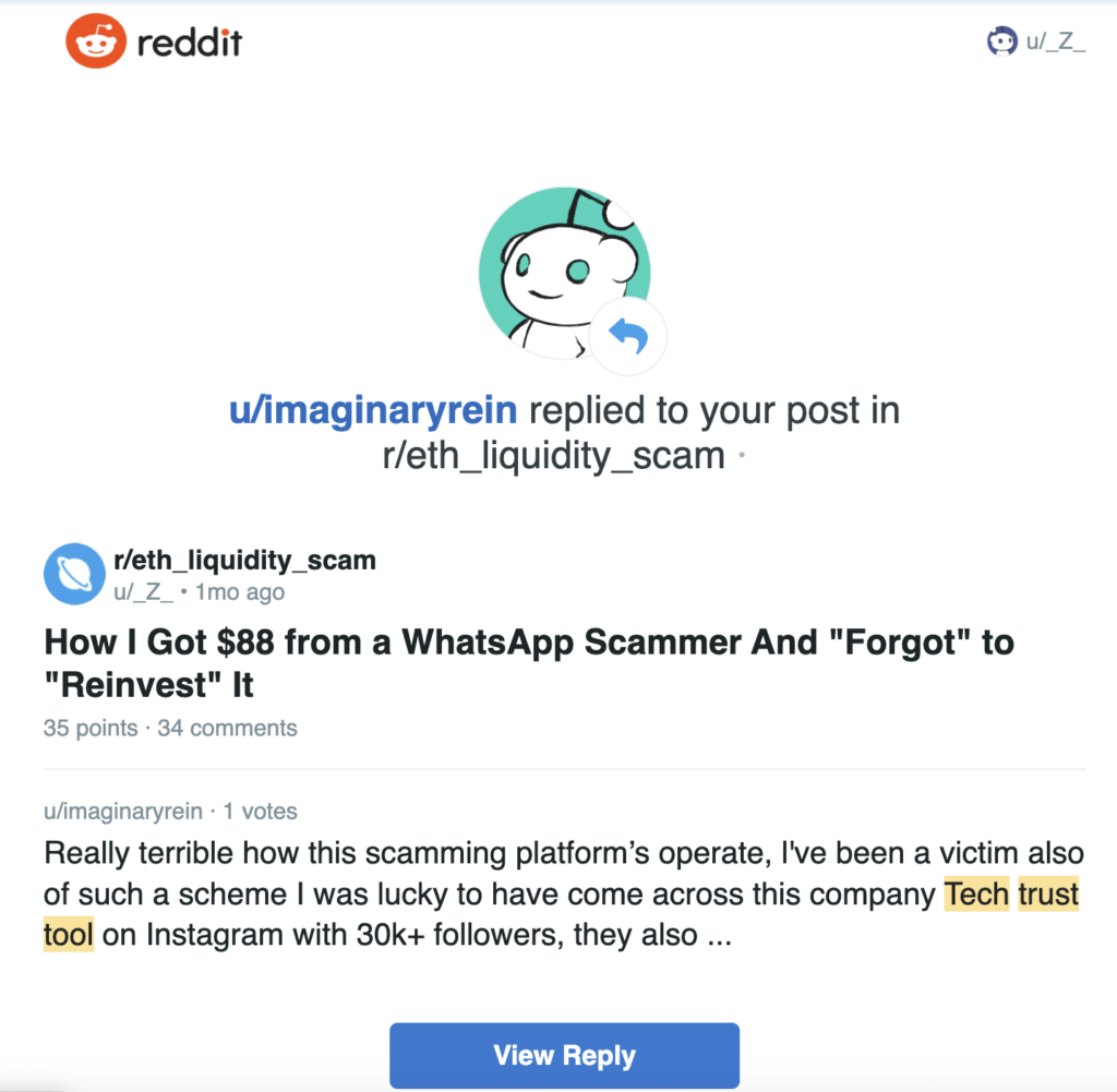 screenshot of a reddit post about eth liquidity scams, where a scammer comments promoting a service to scam victims