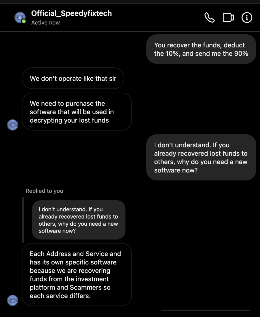 instagram DM chat screenshot with scammer named Official_Speedyfixtech claiming they need to buy software to decrypt stolen funds for every scam victim.