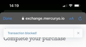 Mobile browser screenshot showing a 'Transaction blocked!' module on exchange.mercuryo.io