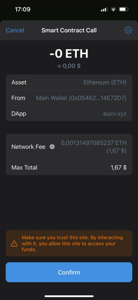 iOS smart contract call screenshot showing an Etherium transaction fee