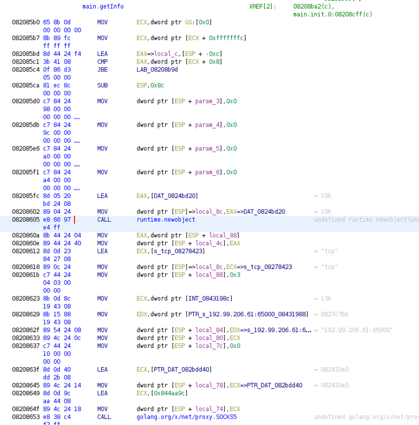 a screenshot of the ech0raix binary main.getinfo function in ghidra