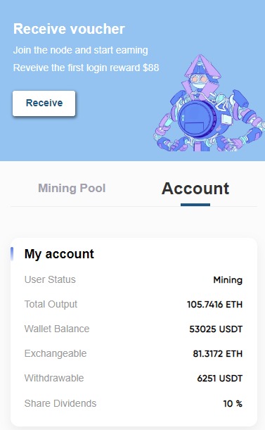 Screenshot of a mining wallet that shows a total output of 105 ETH and a wallet balance of $53K.