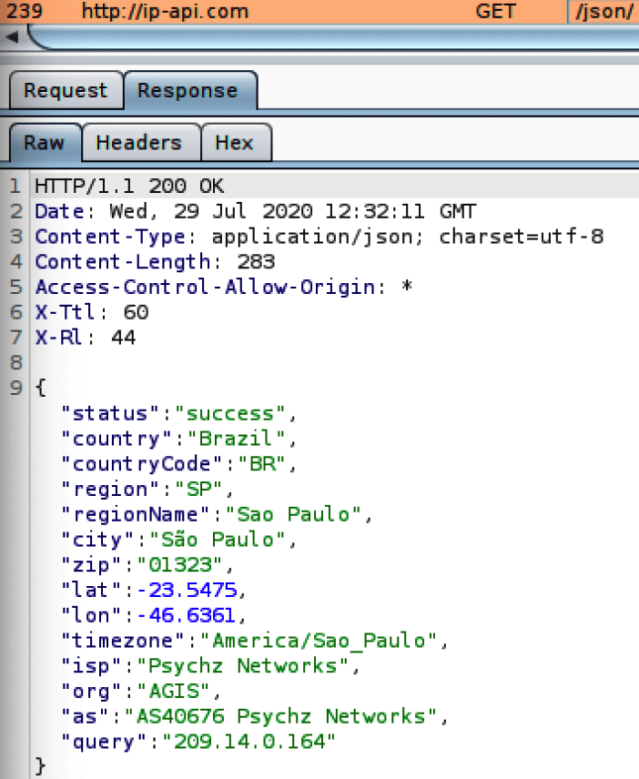 The JSON response from ip-api.com