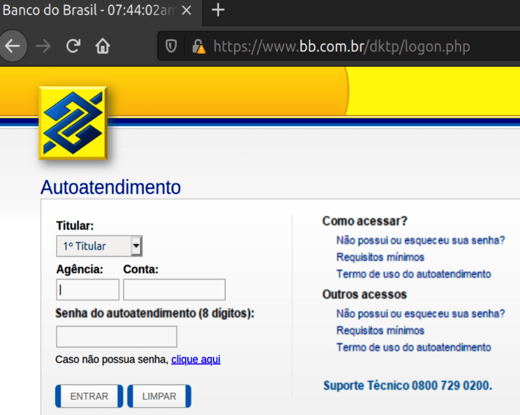 Fake Banco Do Brasil banking website (Note the warning on the TLS certificate)