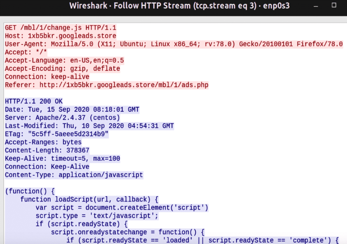 Captured network traffic of change.js