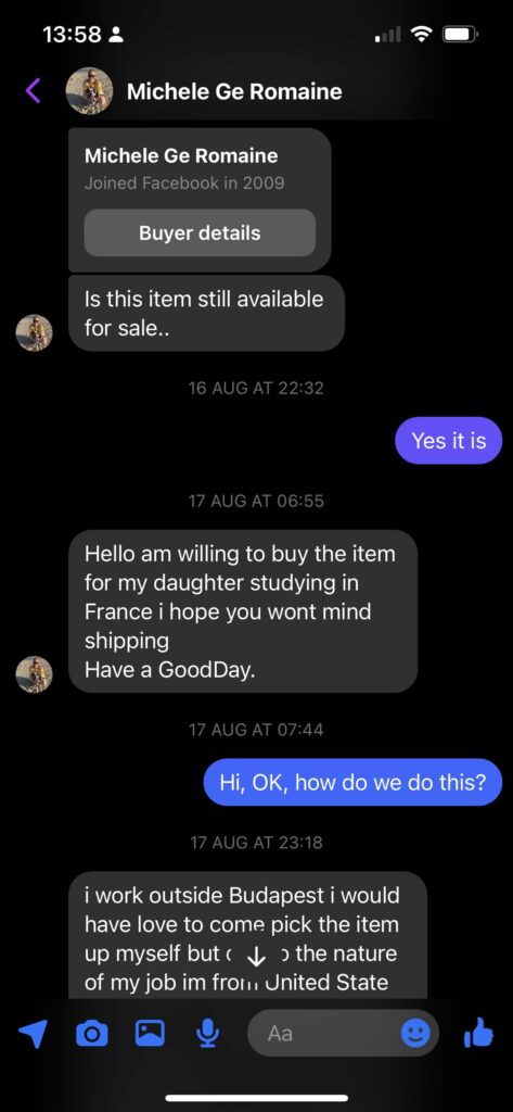 phone screenshot showing a chat with a facebook marketplace scammer