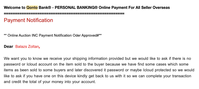 fake bank payment notification email telling the victim that their sale was approved