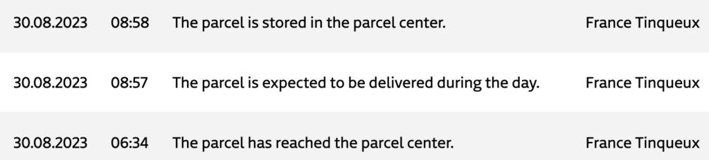 screenshot of a package tracking log, which shows that the package had reached the parcel center in France Tinqueux, was expected to be delivered, but was then stored in the parcel center