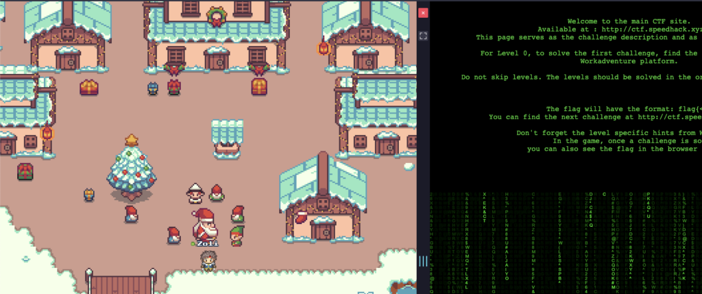 screenshot of a Christmas Workadventure level on the left side and a black welcome page with green letters and a Matrix-inspired vertical code background for the CTF on the right side