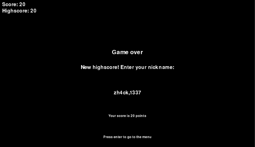 screenshot of the Game over window with a score of 20. The nickname entered is zh4ck,1337