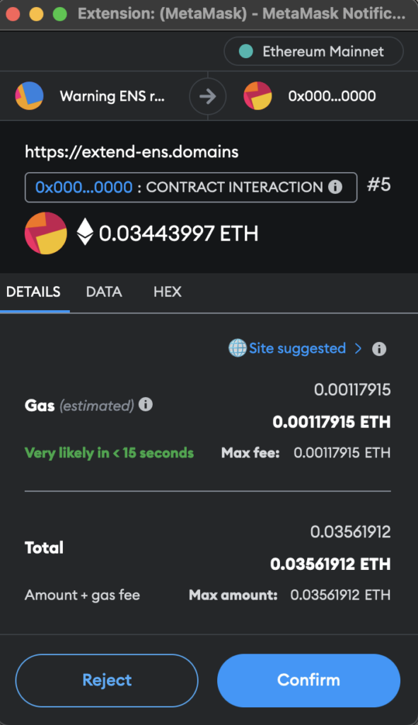 Screenshot of a MetaMask notification window showing a contract with wallet address 0x000...000
