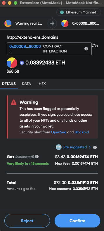 Screenshot of a MetaMask notification showing a contract interaction with wallet address 0x0000B...80000 and a warning saying the contract is flagged as potentially suspicious, signing in could lose the user access to all of their NFTs and any funds or assets in their wallet.
