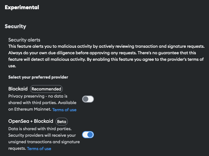 Screenshot showing the Experimental settings in the wallet software, which includes privacy alerts for phishing detection