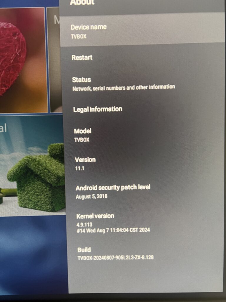 A photo of the TV scree that shows information about the TV box: the OS version is shown as 11.1, but the Android security patch level is from August 5, 2018. The Kernel version shows that the build is recent: August 7, 2024.