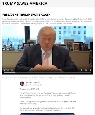 Screenshot of a Web3 scam site that that features Trump NFTs. The site heading reads: Trump Saves America