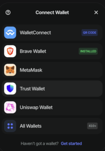 Screenshot of the prompt to connect the wallet. It shows a list of wallets: walletconnect, brave wallet, metamask, trust wallet, uniswap wallet, and a button for 410+ other wallets.