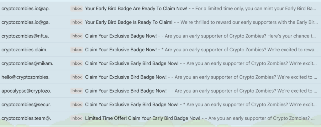 Screenshot of a gmail inbox with various emails from cryptozombies email addresses and subject lines calling for the reader to claim an exclusive or an early bird badge. Message preview almost always references being an early supporter of crypto zombies