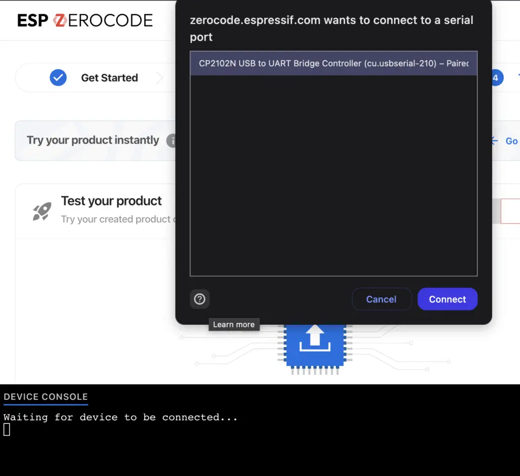 Screenshot of the ESP Zerocode browser notification saying that zerocode wants to connect to a serial port.