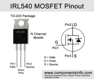 image of the IRL540 MOSFET pinout chart from componentsinfo.com