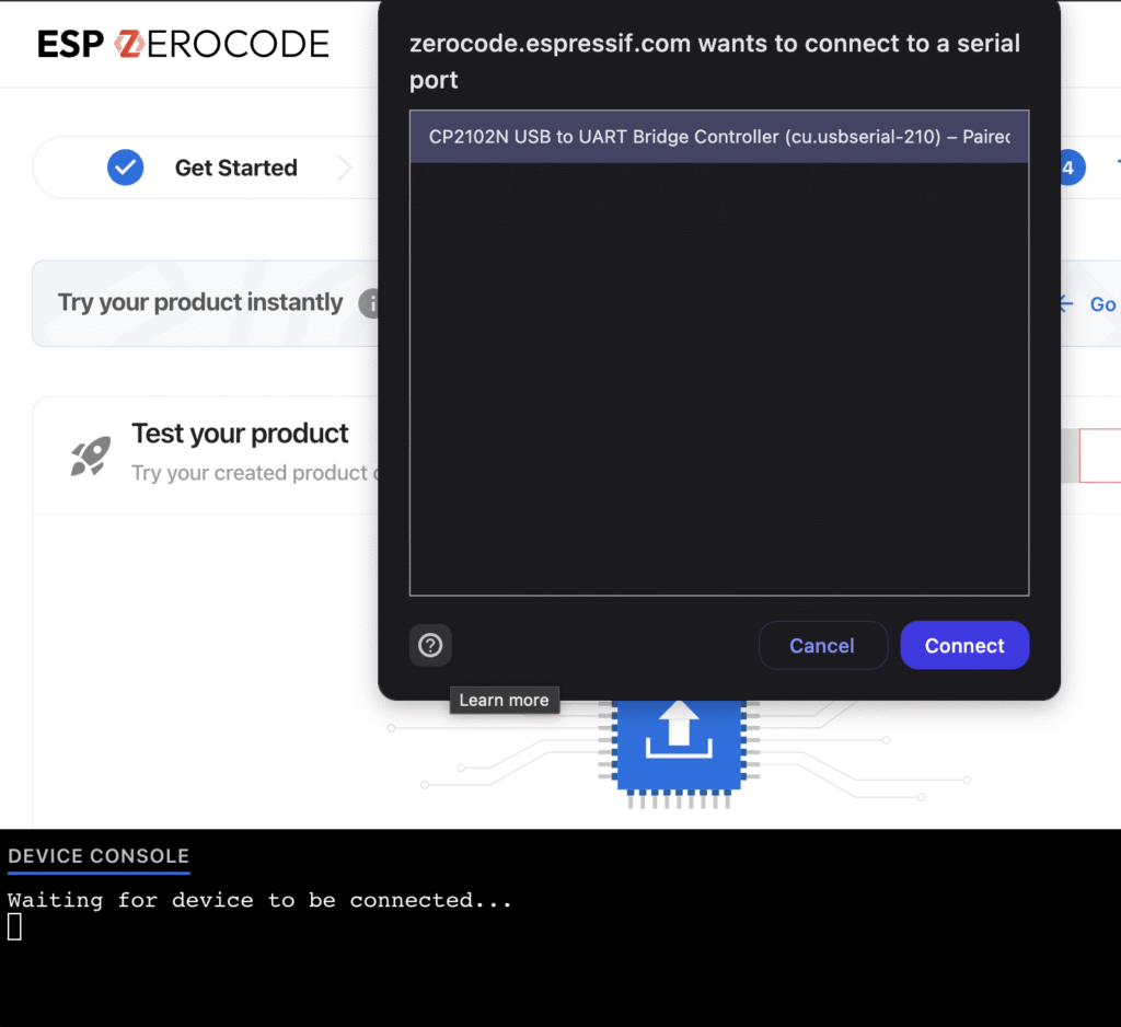 Screenshot of the ESP Zerocode browser notification saying that zerocode wants to connect to a serial port.